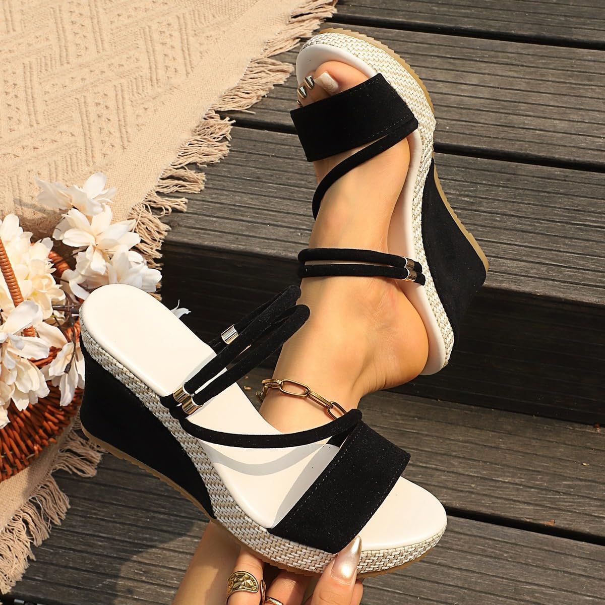 Sandali espadrillas da donna con zeppa, in pelle scamosciata, punta aperta, senza lacci, con cinghie elastiche, tacco estivo con plateau, per abbigliamento casual e da spiaggia