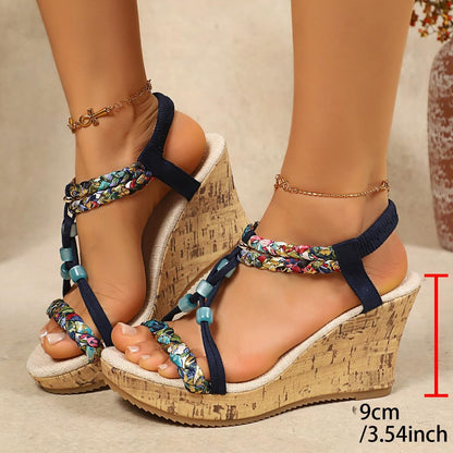 Sandali da donna con zeppa e perline bohémien, con zeppa in sughero, da 8,9 cm, cinturino intrecciato elastico alla caviglia, sandali aperti per spiaggia, vacanze e abbigliamento casual
