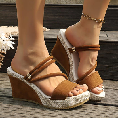 Sandali espadrillas da donna con zeppa, in pelle scamosciata, punta aperta, senza lacci, con cinghie elastiche, tacco estivo con plateau, per abbigliamento casual e da spiaggia