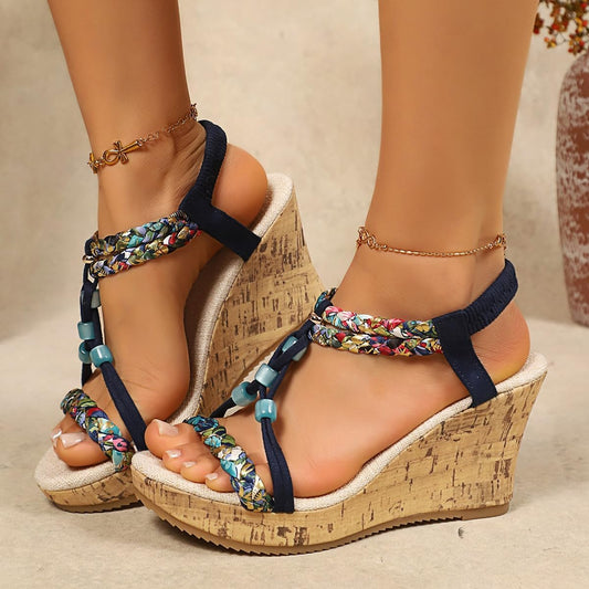 Sandali da donna con zeppa e perline bohémien, con zeppa in sughero, da 8,9 cm, cinturino intrecciato elastico alla caviglia, sandali aperti per spiaggia, vacanze e abbigliamento casual