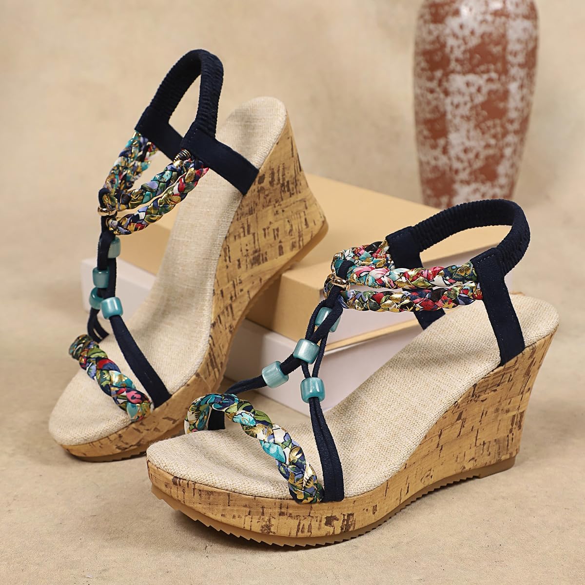 Sandali da donna con zeppa e perline bohémien, con zeppa in sughero, da 8,9 cm, cinturino intrecciato elastico alla caviglia, sandali aperti per spiaggia, vacanze e abbigliamento casual
