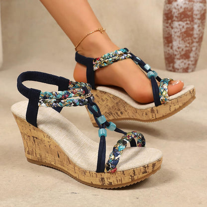 Sandali da donna con zeppa e perline bohémien, con zeppa in sughero, da 8,9 cm, cinturino intrecciato elastico alla caviglia, sandali aperti per spiaggia, vacanze e abbigliamento casual